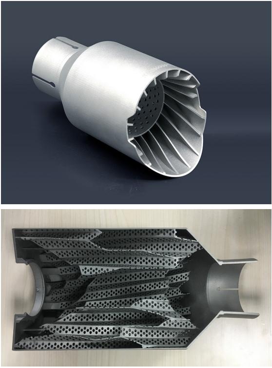 An example of the 3D printed inconel exhaust tips which take approximately  26 hours to produce in this state of the art metal printer typ